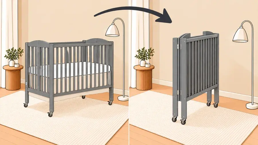 A portable crib folded up, and the same one opened out into a bed