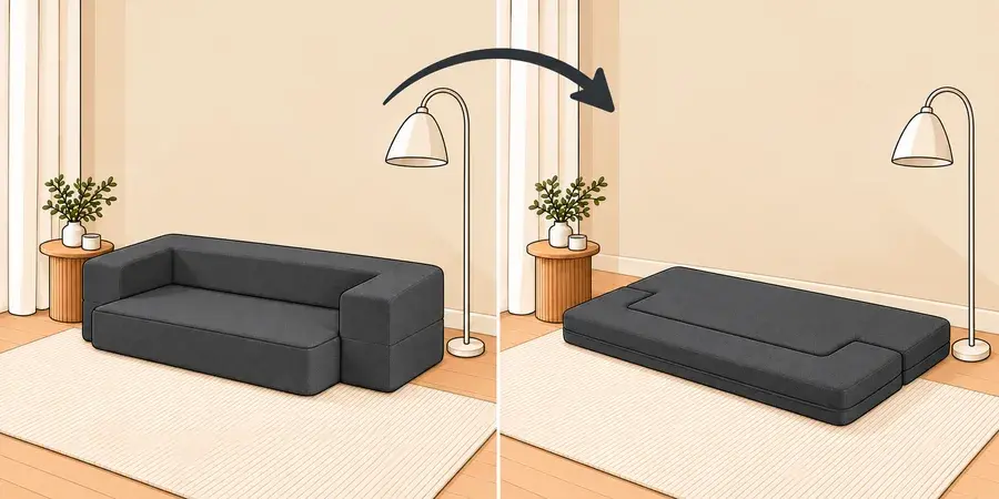 A hide-a-bed folded up, and the same one opened out into a bed