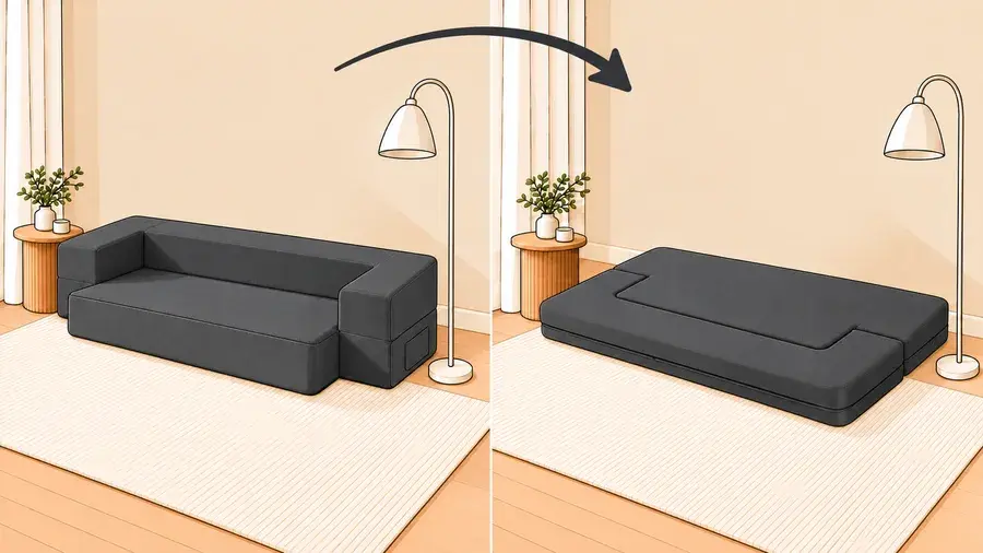 A sofa bed folded up, and the same one opened out into a bed
