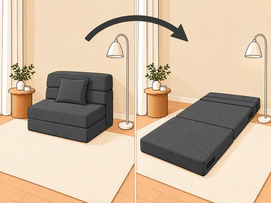 A twin chair bed folded up, and the same one opened out into a bed